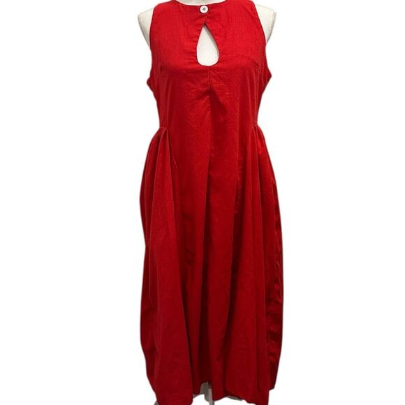 Commense Red Linen-Blend Pleated Maxi Dress With Front Keyhole Cutout Cottage - Picture 2 of 14